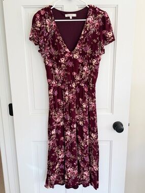 WAYF Burgundy Floral Midi Dress M V Neck Lined Boho Cottagecore